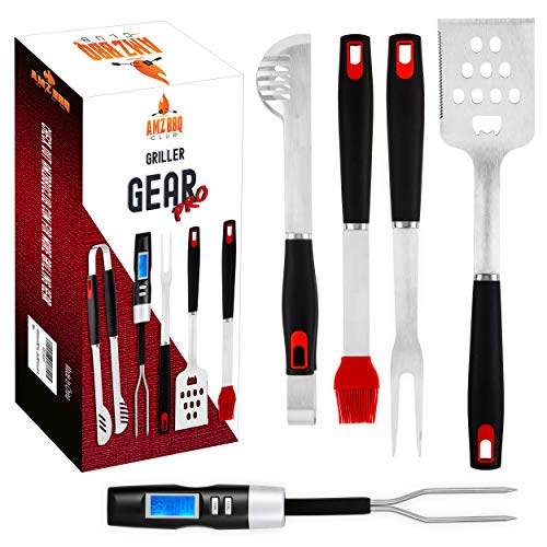 Ultimate BBQ Grill Tools Set with Meat Thermometer & 4 Stainless Steel Grilling Accessories - 5 Piece BBQ Accessories Set Includes Tongs, Spatula, Fork, Silicon Basting Brush and Instant Read Digital