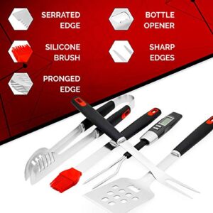 Ultimate BBQ Grill Tools Set with Meat Thermometer & 4 Stainless Steel Grilling Accessories - 5 Piece BBQ Accessories Set Includes Tongs, Spatula, Fork, Silicon Basting Brush and Instant Read Digital