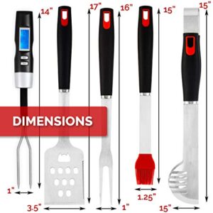 Ultimate BBQ Grill Tools Set with Meat Thermometer & 4 Stainless Steel Grilling Accessories - 5 Piece BBQ Accessories Set Includes Tongs, Spatula, Fork, Silicon Basting Brush and Instant Read Digital