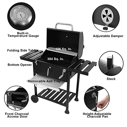 Royal Gourmet CD1824EN 24” Charcoal Grill Outdoor Smoker with Side Tables Backyard Griller Party BBQ Picnic Patio Cooking, Black