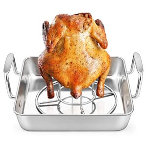 small roasting pan with beer can chicken holder set, e-far stainless steel vertical chicken roasting stand rack with 9 inch square drip pan for oven bbq grill smoker, heavy duty & dishwasher safe