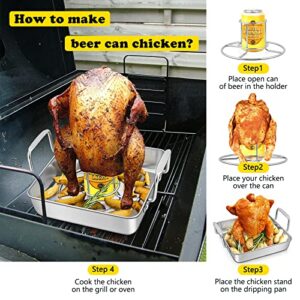 Small Roasting Pan with Beer Can Chicken Holder Set, E-far Stainless Steel Vertical Chicken Roasting Stand Rack with 9 Inch Square Drip Pan for Oven BBQ Grill Smoker, Heavy Duty & Dishwasher Safe