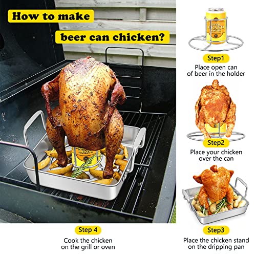 Small Roasting Pan with Beer Can Chicken Holder Set, E-far Stainless Steel Vertical Chicken Roasting Stand Rack with 9 Inch Square Drip Pan for Oven BBQ Grill Smoker, Heavy Duty & Dishwasher Safe