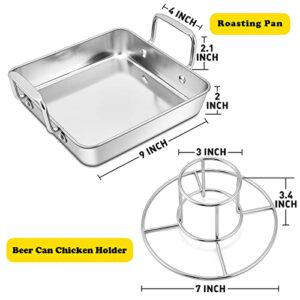 Small Roasting Pan with Beer Can Chicken Holder Set, E-far Stainless Steel Vertical Chicken Roasting Stand Rack with 9 Inch Square Drip Pan for Oven BBQ Grill Smoker, Heavy Duty & Dishwasher Safe