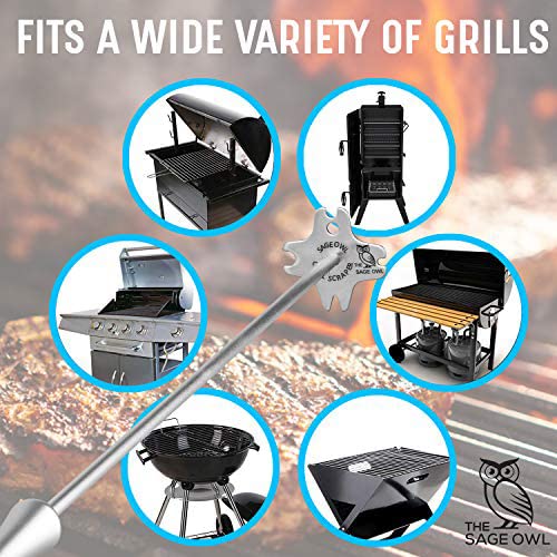 The Sage Owl Barbecue Grill Cleaning Kit for Hot Grills - for Grill Aficionados. Stainless Steel Bristle Free Grill Scraper Tool with 17" Long Handle, Best BBQ Cleaner - Kitchen Stocking Stuffers Men