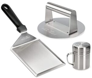 hulisen smashed burger kit, stainless steel burger press, grill spatula and spice dredge shaker - burger smasher griddle accessories kit for flat top griddle grill cooking, gift package