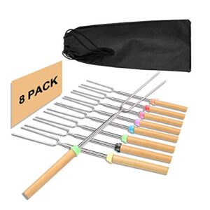 8 marshmallow roasting sticks, 32 inch telescoping hot dog forks&smores stainless steel skewers extendable for campfire, camping stove bonfire bbq tools with portable bag