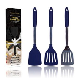 blue silicone spatula turner set – stainless steel and silicone heat resistant kitchen utensils – 608f – grill spatula tools for bbq - egg and pancake flipper – gift box and bonus recipe ebook