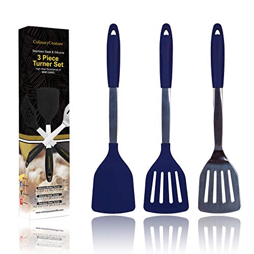 Blue Silicone Spatula Turner Set – Stainless Steel and Silicone Heat Resistant Kitchen Utensils – 608F – Grill Spatula Tools for Bbq - Egg and Pancake Flipper – Gift Box and Bonus Recipe Ebook