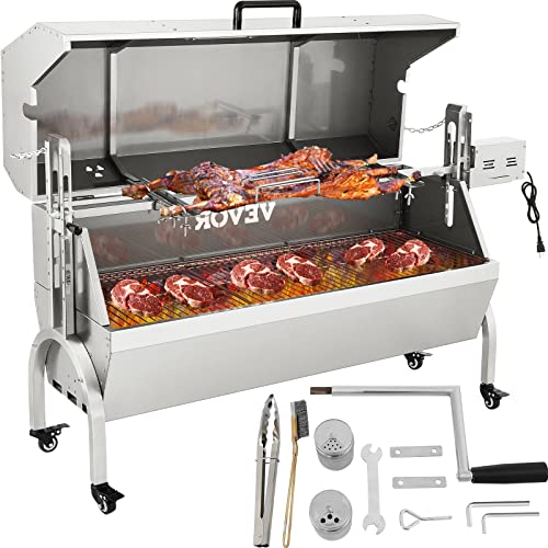 VEVOR 132 LBS Rotisserie Grill Stainless Steel Pig Lamb Hooded Roaster 50" Electric Charcoal Spit with 40W Motor & Adjustable Height Lockable Casters for Outdoor Camping Party Barbecue, Silver