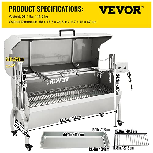 VEVOR 132 LBS Rotisserie Grill Stainless Steel Pig Lamb Hooded Roaster 50" Electric Charcoal Spit with 40W Motor & Adjustable Height Lockable Casters for Outdoor Camping Party Barbecue, Silver