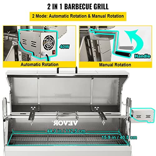 VEVOR 132 LBS Rotisserie Grill Stainless Steel Pig Lamb Hooded Roaster 50" Electric Charcoal Spit with 40W Motor & Adjustable Height Lockable Casters for Outdoor Camping Party Barbecue, Silver