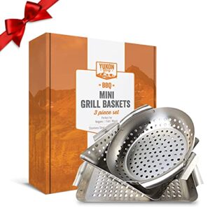 yukon glory 3-piece mini grill baskets for outdoor grill, includes bonus scrubbing pads, grilling accessories for all grills & smokers - grilling gifts for men