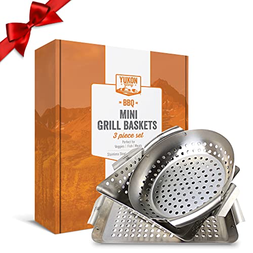 Yukon Glory 3-Piece Mini Grill Baskets for Outdoor Grill, Includes Bonus Scrubbing Pads, Grilling Accessories for All Grills & Smokers - Grilling Gifts for Men