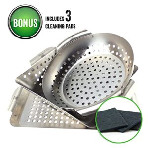 Yukon Glory 3-Piece Mini Grill Baskets for Outdoor Grill, Includes Bonus Scrubbing Pads, Grilling Accessories for All Grills & Smokers - Grilling Gifts for Men