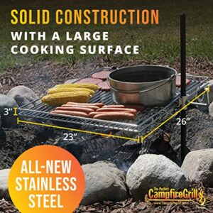 The Perfect Campfire Grill Stainless Steel Original Swivel Cooking Grate W/Raised Edge for Large BBQ and Outdoor Cooking