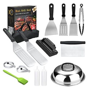 griddle accessories,15 pcs flat top grill accessories kit for blackstone,grilling tools set with spatula, basting cover, scraper, tongs, egg mold & carry bag for outdoor bbq, teppanyaki and camping