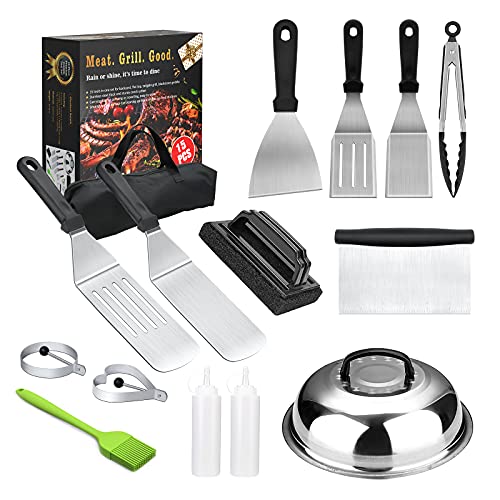 Griddle Accessories,15 Pcs Flat top Grill Accessories Kit for Blackstone,Grilling Tools Set with Spatula, Basting Cover, Scraper, Tongs, Egg Mold & Carry Bag for Outdoor BBQ, Teppanyaki and Camping