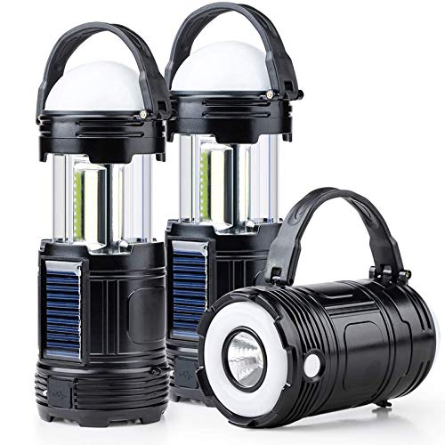 2 Pack Black 5 in 1 Solar USB Rechargeable 3 AAA Power Brightest COB LED Camping Lantern with S Charging for Device, Waterproof Collapsible Emergency Flashlight LED Light