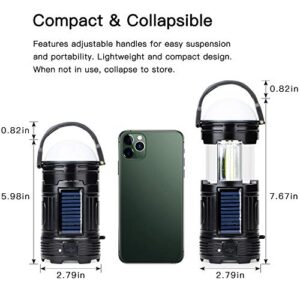 2 Pack Black 5 in 1 Solar USB Rechargeable 3 AAA Power Brightest COB LED Camping Lantern with S Charging for Device, Waterproof Collapsible Emergency Flashlight LED Light