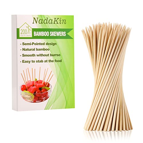 200 PCS Bamboo Skewers, 8 Inch Wooden Skewer for Appetizers, Fruit, Kebabs, Grilling Barbecue, Mini Burger, Sausage, Cocktail Picks for Drinks, Long Toothpicks, Food Sticks Natural, Kitchen Gadget