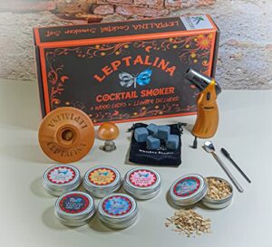 leptalina cocktail smoker kit with torch and whiskey stones - old fashioned cocktail smoker set with 6 wooden chips for men, boyfriend, husband, dad, him (no butane)