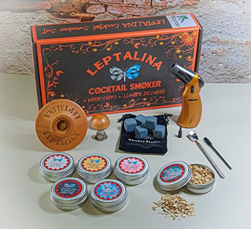 LEPTALINA Cocktail Smoker Kit with Torch and Whiskey Stones - Old Fashioned Cocktail Smoker Set with 6 Wooden Chips for Men, Boyfriend, Husband, Dad, Him (No Butane)