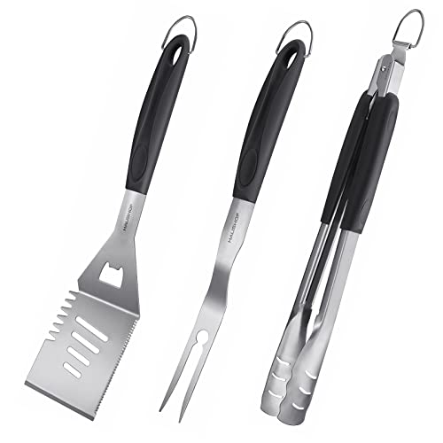 HAUSHOF Large Grill Accessories Heavy Duty BBQ Set Gifts for Men - Premium Stainless Steel Spatula, Fork & Tongs (16.5/16/16.5 in.), Barbecue Utensils Tool Kit Gift for Grilling Lover Outdoor