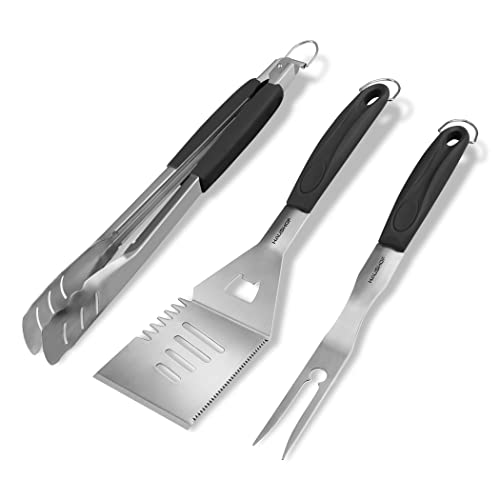 HAUSHOF Large Grill Accessories Heavy Duty BBQ Set Gifts for Men - Premium Stainless Steel Spatula, Fork & Tongs (16.5/16/16.5 in.), Barbecue Utensils Tool Kit Gift for Grilling Lover Outdoor