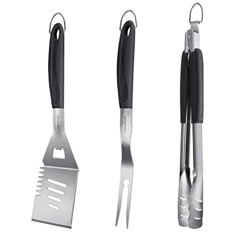 HAUSHOF Large Grill Accessories Heavy Duty BBQ Set Gifts for Men - Premium Stainless Steel Spatula, Fork & Tongs (16.5/16/16.5 in.), Barbecue Utensils Tool Kit Gift for Grilling Lover Outdoor