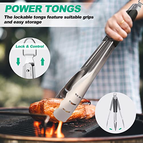 HAUSHOF Large Grill Accessories Heavy Duty BBQ Set Gifts for Men - Premium Stainless Steel Spatula, Fork & Tongs (16.5/16/16.5 in.), Barbecue Utensils Tool Kit Gift for Grilling Lover Outdoor