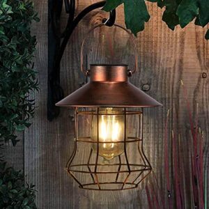 pearlstar solar lantern outdoor hanging light-vintage solar table lamp with warm white bulb design for garden yard patio decor(copper）
