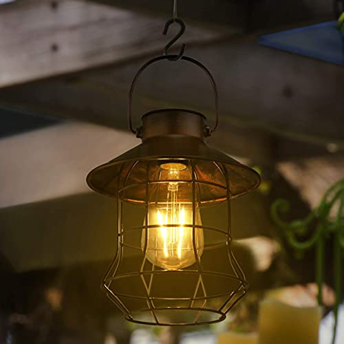 pearlstar Solar Lantern Outdoor Hanging Light-Vintage Solar Table Lamp with Warm White Bulb Design for Garden Yard Patio Decor(Copper）