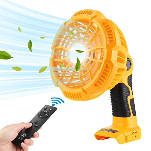 YEX-BUR Outdoor Camping Fan with LED Lantern Powered by Dewalt 14.4V-20V Li-ion Battery Rechargeable USB Portable Handheld Fan with IR Remote, 90° Oscillating, 3 Speeds, 3 Modes, 4H Timer