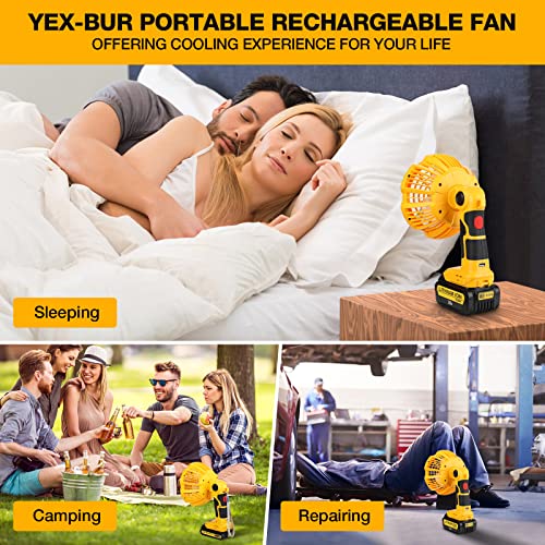 YEX-BUR Outdoor Camping Fan with LED Lantern Powered by Dewalt 14.4V-20V Li-ion Battery Rechargeable USB Portable Handheld Fan with IR Remote, 90° Oscillating, 3 Speeds, 3 Modes, 4H Timer