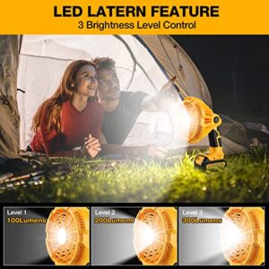 YEX-BUR Outdoor Camping Fan with LED Lantern Powered by Dewalt 14.4V-20V Li-ion Battery Rechargeable USB Portable Handheld Fan with IR Remote, 90° Oscillating, 3 Speeds, 3 Modes, 4H Timer