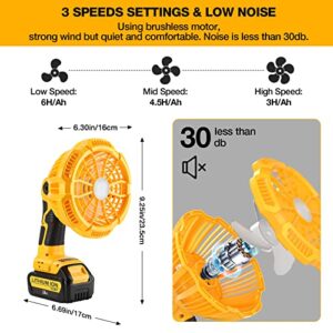 YEX-BUR Outdoor Camping Fan with LED Lantern Powered by Dewalt 14.4V-20V Li-ion Battery Rechargeable USB Portable Handheld Fan with IR Remote, 90° Oscillating, 3 Speeds, 3 Modes, 4H Timer