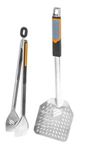 blackstone 5282 frying tongs and skimmer spatula set for barbeque and grilling 1 long handled tong with square hang loop, 1 large slotted air fryer basket scoop, stainless steel, silicone grip