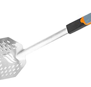 Blackstone 5282 Frying Tongs and Skimmer Spatula Set for Barbeque and Grilling 1 Long Handled Tong with Square Hang Loop, 1 Large Slotted Air Fryer Basket Scoop, Stainless Steel, Silicone Grip