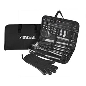 stonewall barbecue grill tool set - stainless steel - strong durable design - heat resistant glove & utensils - thermometer, meat injector, kebabs, & corn skewers - perfect for smokers & grills