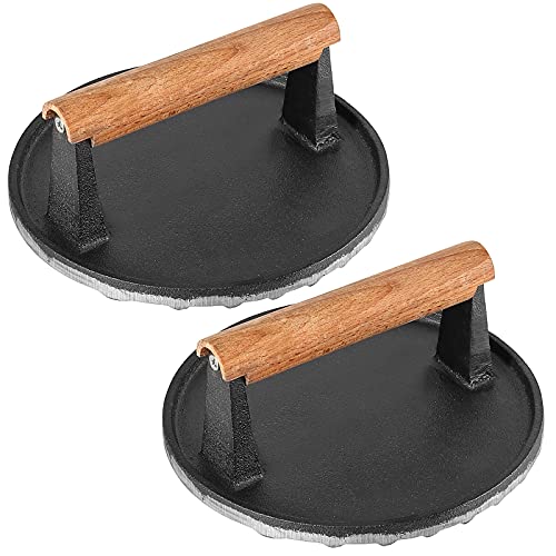 HOIGON 2 PCS 7 Inch Round Heavy Duty Cast Iron Grill Press, Steak Weight Bacon Barbecue Presses with Solid Wood Handle for Burgers, Bread, Pushing Down On Steaks