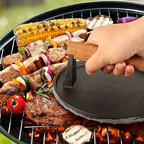 HOIGON 2 PCS 7 Inch Round Heavy Duty Cast Iron Grill Press, Steak Weight Bacon Barbecue Presses with Solid Wood Handle for Burgers, Bread, Pushing Down On Steaks
