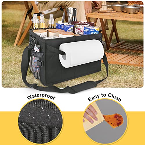 HAWENON Picnic and Grill Caddy with Paper Towel Holder, Large BBQ Organizer for Outdoor Camping, Collapsible & Easy Carry Griddle Caddy for Utensil, Plate, Portable Bag for Travel, Trunk, RV