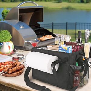HAWENON Picnic and Grill Caddy with Paper Towel Holder, Large BBQ Organizer for Outdoor Camping, Collapsible & Easy Carry Griddle Caddy for Utensil, Plate, Portable Bag for Travel, Trunk, RV