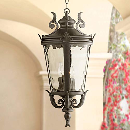 John Timberland Casa Marseille European Outdoor Ceiling Light Hanging Black Scroll 26 1/4" Clear Water Glass Damp Rated for Exterior House Porch Patio Outside Deck Garage Front Door Home