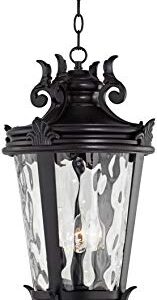 John Timberland Casa Marseille European Outdoor Ceiling Light Hanging Black Scroll 26 1/4" Clear Water Glass Damp Rated for Exterior House Porch Patio Outside Deck Garage Front Door Home