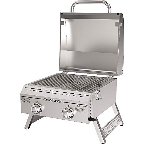 Megamaster Premium Outdoor Cooking 2-Burner Grill, Outdoor Cooking While Camping, Outdoor Kitchen, Patio Garden, Barbecue with Two Foldable legs, Silver in Stainless Steel