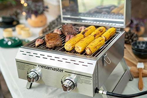 Megamaster Premium Outdoor Cooking 2-Burner Grill, Outdoor Cooking While Camping, Outdoor Kitchen, Patio Garden, Barbecue with Two Foldable legs, Silver in Stainless Steel