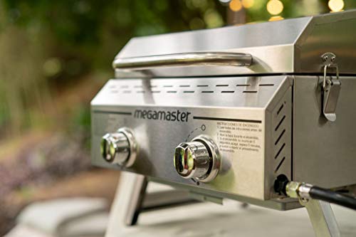 Megamaster Premium Outdoor Cooking 2-Burner Grill, Outdoor Cooking While Camping, Outdoor Kitchen, Patio Garden, Barbecue with Two Foldable legs, Silver in Stainless Steel