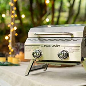 Megamaster Premium Outdoor Cooking 2-Burner Grill, Outdoor Cooking While Camping, Outdoor Kitchen, Patio Garden, Barbecue with Two Foldable legs, Silver in Stainless Steel